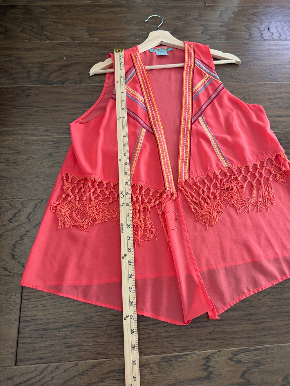 Flying Tomato Boho Coral Open Front sheer Vest Fringe Embroidered Geo Trim - Picture 5 of 9